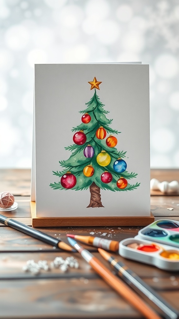 Watercolor Christmas Card Design A watercolor Christmas card with a painted tree and snowflakes on a wooden table.